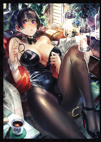 Anime picture 1357x1920 with original signo aaa single long hair tall image looking at viewer fringe breasts light erotic black hair large breasts purple eyes twintails bare shoulders animal ears cleavage bent knee (knees) parted lips high heels bunny ears