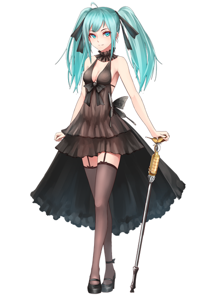 Anime picture 1000x1414 with vocaloid hatsune miku shijiu (adamhutt) single long hair tall image looking at viewer fringe breasts light erotic standing twintails bare shoulders cleavage full body ahoge aqua eyes light smile aqua hair high heels