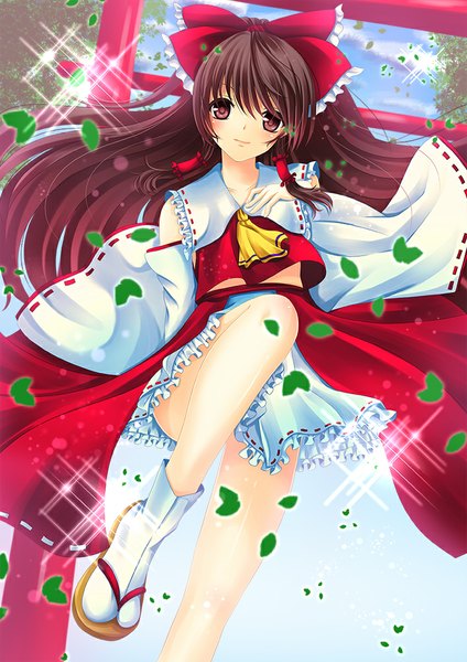 Anime picture 707x1000 with touhou hakurei reimu toshi (1-147) single long hair tall image looking at viewer black hair red eyes traditional clothes legs miko girl bow hair bow detached sleeves socks leaf (leaves) white socks torii