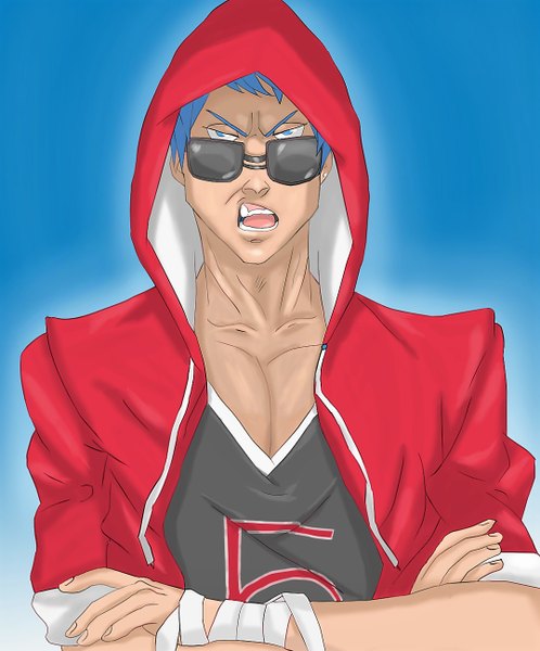 Anime picture 1077x1297 with kuroko no basket production i.g aomine daiki single tall image looking at viewer short hair open mouth blue eyes simple background blue hair upper body dark skin blue background crossed arms boy hood bandage (bandages) sunglasses hoodie