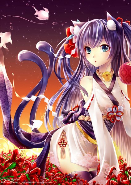 Anime picture 600x848 with original kiyopee single long hair tall image animal ears sky purple hair tail traditional clothes animal tail aqua eyes sunlight cat ears :o cat girl cat tail evening chinese clothes sunset