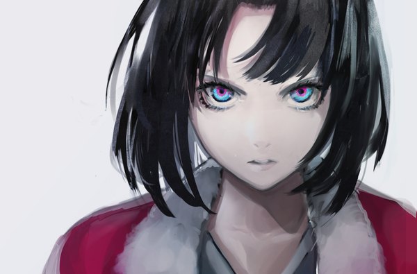 Anime picture 1516x1000 with kara no kyoukai type-moon ryougi shiki toto single looking at viewer fringe short hair blue eyes black hair simple background upper body parted lips lips grey background fur trim multicolored eyes girl fur fur collar