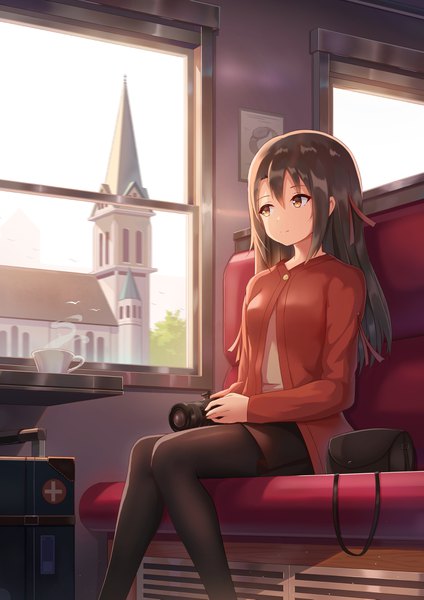 Anime picture 2894x4093 with original shirokun0824 single long hair tall image fringe highres hair between eyes brown hair sitting holding brown eyes payot looking away sky bent knee (knees) light smile steam train interior girl