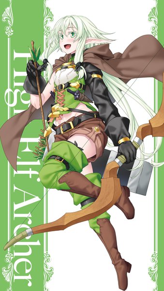 Anime picture 2048x3616 with goblin slayer! high elf archer (goblin slayer!) kannatsuki noboru single long hair tall image blush fringe highres open mouth hair between eyes holding green eyes full body green hair pointy ears official art character names elf girl