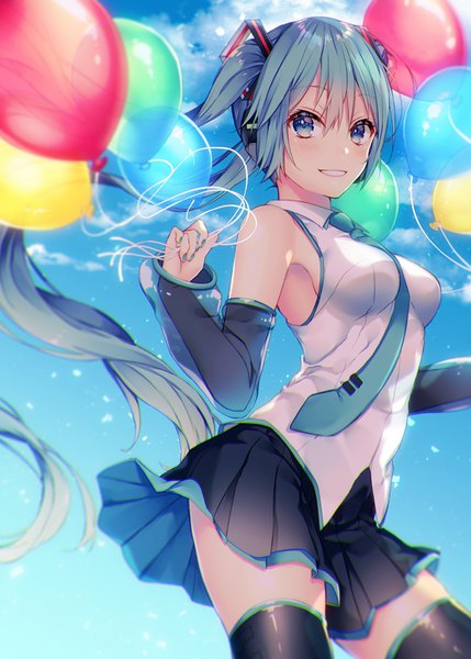 Anime-Bild 640x895 mit vocaloid hatsune miku shiomizu (swat) single long hair tall image blush fringe breasts open mouth blue eyes smile hair between eyes bare shoulders holding sky cloud (clouds) outdoors long sleeves nail polish