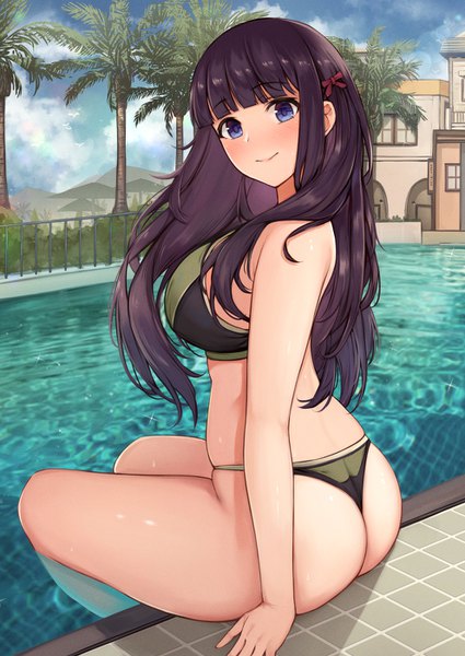 Anime picture 992x1400 with princess connect! re:dive princess connect! kasumi (princess connect!) kannko bokujou single long hair tall image looking at viewer blush fringe breasts blue eyes light erotic smile large breasts sitting payot sky purple hair cloud (clouds)