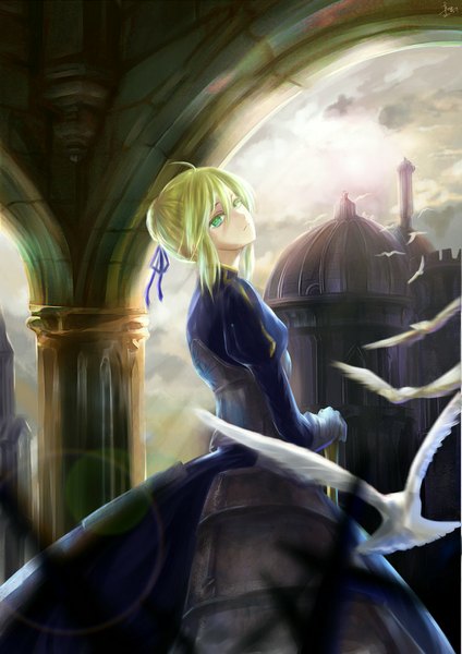 Anime picture 744x1052 with fate (series) fate/stay night fate/zero studio deen type-moon artoria pendragon (all) saber buhai single tall image looking at viewer fringe blonde hair standing green eyes sky cloud (clouds) flying girl dress
