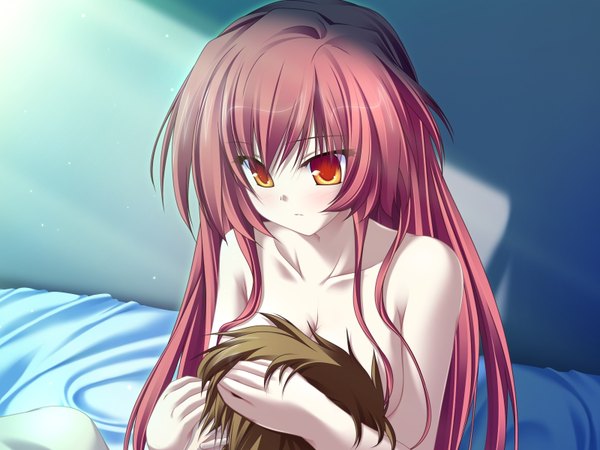Anime picture 1600x1200 with magus tale whirlpool (studio) seera finis victoria tenmaso long hair blush short hair light erotic red eyes brown hair sitting game cg red hair lying light smile night hug girl boy bed