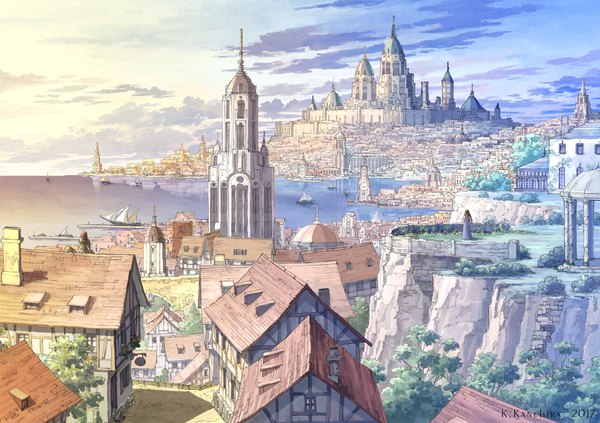 Anime picture 1920x1354 with original k kanehira highres standing sitting multiple girls signed cloud (clouds) from behind city horizon cityscape 2017 girl 2 girls sea building (buildings) watercraft ship