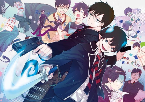 Anime picture 2007x1418 with ao no exorcist a-1 pictures okumura rin okumura yukio highres short hair open mouth blue eyes black hair smile horn (horns) multiple boys teeth fang (fangs) multiple persona boy weapon glasses necktie gun