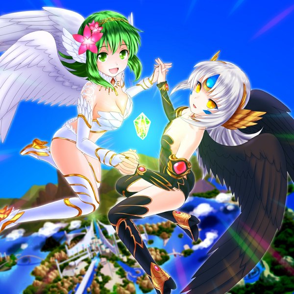 Anime picture 1050x1050 with elsword vocaloid gumi eve (elsword) akahige short hair open mouth smile multiple girls green eyes yellow eyes sky silver hair hair flower green hair holding hands light angel wings head wings girl