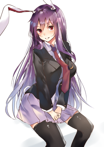 Anime picture 752x1062 with touhou reisen udongein inaba asuzemu single long hair tall image looking at viewer fringe simple background hair between eyes red eyes white background sitting animal ears purple hair tail animal tail pleated skirt bunny ears bunny tail