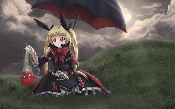 Anime picture 1680x1050 with blazblue rachel alucard novcel long hair open mouth blonde hair red eyes wide image sitting twintails looking away sky cloud (clouds) long sleeves girl dress plant (plants) umbrella grass mug