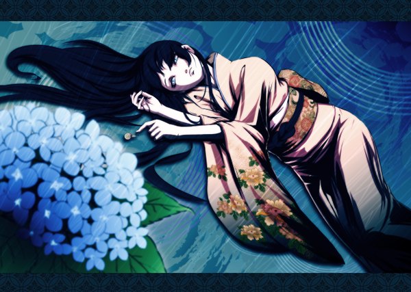 Anime picture 1241x884 with mubouou aasaa blue eyes black hair japanese clothes girl flower (flowers) kimono hydrangea