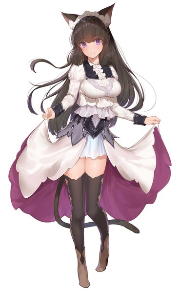 Anime picture 1000x1641 with original yaman (yamanta lov) single long hair tall image looking at viewer blush fringe breasts black hair simple background smile white background purple eyes animal ears full body tail blunt bangs animal tail cat ears