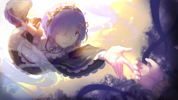 Anime picture 1920x1080 with re:zero kara hajimeru isekai seikatsu white fox rem (re:zero) chun lanlanlan fringe highres short hair blue eyes wide image blue hair looking away blunt bangs sunlight hair over one eye wide sleeves maid outstretched arm girl uniform plant (plants)