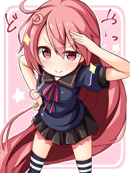 Anime picture 800x1063 with kantai collection uzuki destroyer ominaeshi (takenoko) single tall image looking at viewer fringe simple background smile pink hair very long hair pleated skirt pink eyes short sleeves hieroglyph pink background hand on head crescent messy hair girl
