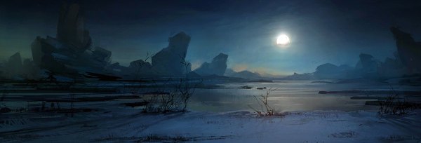 Anime picture 1200x408 with original tiger1313 wide image sky winter snow no people landscape water moon full moon stone (stones)