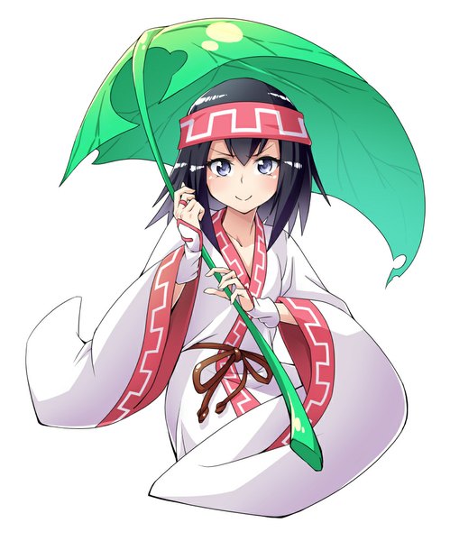 Anime picture 832x1000 with shaman king xebec kororo kurobe tamiko teston (tst3982) single long hair tall image looking at viewer fringe black hair simple background smile white background holding traditional clothes japanese clothes wide sleeves girl leaf (leaves)