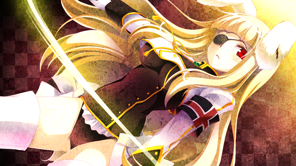 Anime picture 1920x1080 with umineko no naku koro ni chiester00 long hair highres blonde hair red eyes wide image bunny ears checkered background girl eyepatch