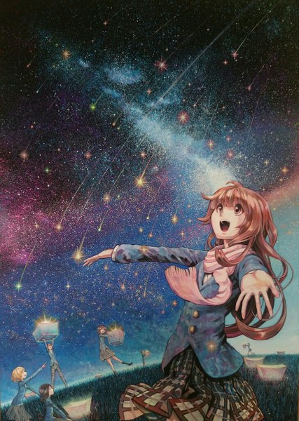 Anime picture 729x1024 with original woiow1 long hair tall image short hair open mouth blonde hair brown hair standing sitting multiple girls brown eyes looking away sky pleated skirt night arms up multiple boys night sky plaid skirt