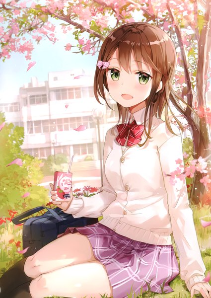 Anime picture 2425x3426 with original fuumi (radial engine) single long hair tall image looking at viewer blush fringe highres open mouth hair between eyes brown hair sitting holding green eyes sky outdoors long sleeves :d scan