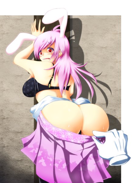 Anime picture 1200x1600 with touhou reisen udongein inaba 7ban (artist) long hair tall image blush light erotic red eyes pink hair ass bunny ears bunny girl girl underwear panties single glove