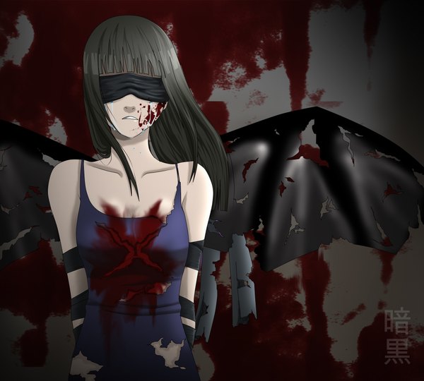 Anime picture 2000x1800 with original ankoku-hime single long hair highres breasts black hair bare shoulders tears torn clothes hands behind back bondage girl wings blood