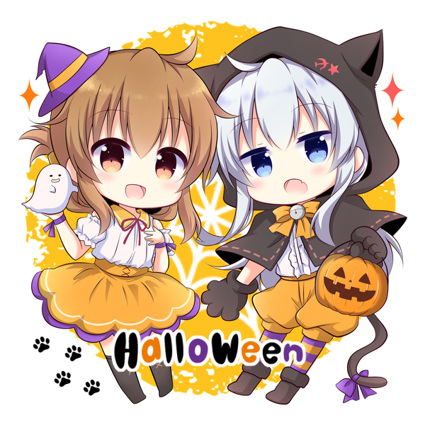 Anime picture 1500x1500 with kantai collection hibiki destroyer verniy destroyer inazuma destroyer kashiwadokoro long hair looking at viewer open mouth blue eyes brown hair brown eyes silver hair full body ahoge :d halloween chibi folded ponytail skirt hat
