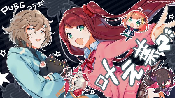 Anime picture 2240x1260 with virtual youtuber nijisanji makaino ririmu kanae (nijisanji) honma himawari roto (kanae) akabane youko yamiyono moruru makaino ririmu (1st costume) miyukiyo long hair fringe highres short hair open mouth brown hair wide image multiple girls green eyes signed