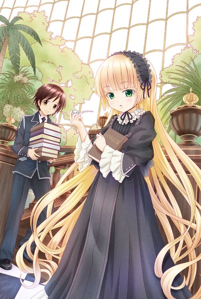 Anime picture 1014x1505 with gosick studio bones victorique de blois kujou kazuya gotou hisashi tall image short hair open mouth blonde hair brown hair brown eyes green eyes very long hair light smile checkered floor girl dress boy uniform plant (plants)