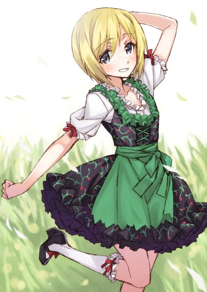 Anime picture 850x1200 with strike witches erica hartmann matsuryuu single tall image looking at viewer blush short hair blonde hair traditional clothes grey eyes girl dress plant (plants) socks shoes frills white socks grass mary janes