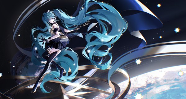 Anime picture 5000x2667 with vocaloid hatsune miku polaris miku xianyu guguzi single looking at viewer fringe highres hair between eyes wide image twintails absurdres full body very long hair aqua eyes aqua hair girl gloves black gloves boots