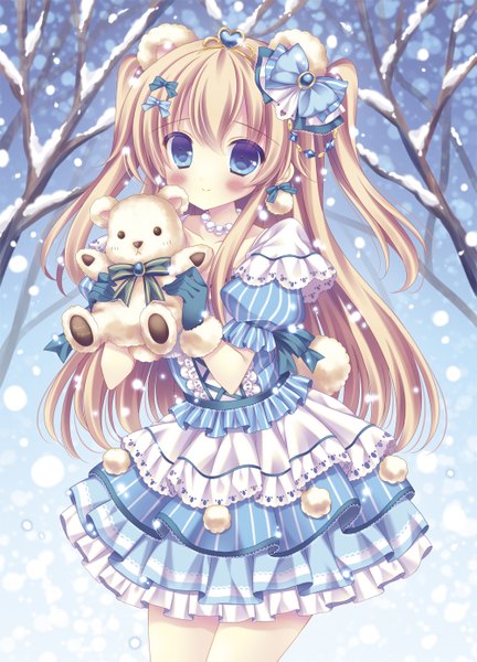 Anime picture 1000x1389 with original kouta. single long hair tall image looking at viewer blush fringe blue eyes blonde hair hair between eyes holding two side up snowing winter snow bare tree girl dress gloves