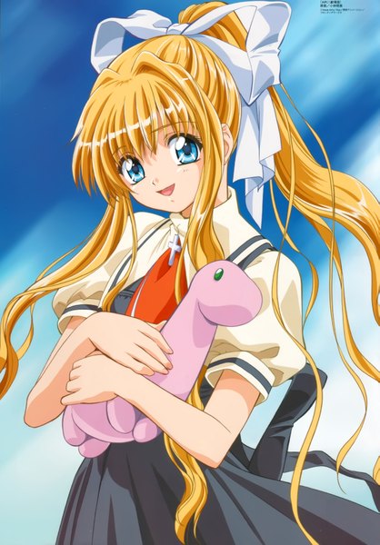 Anime picture 2445x3508 with air key (studio) kamio misuzu kobayashi akemi single long hair tall image highres open mouth blue eyes blonde hair smile girl bow ribbon (ribbons) serafuku toy stuffed animal