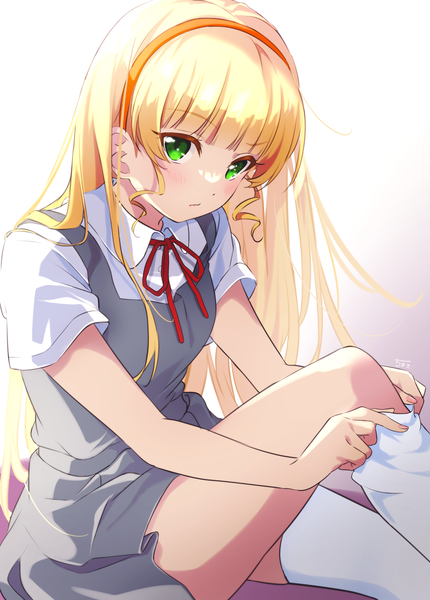 Anime picture 3031x4230 with hello!!! love live! sunrise (studio) love live! heanna sumire fuyuu310 single long hair tall image blush fringe highres simple background blonde hair sitting green eyes absurdres blunt bangs adjusting legwear girl thighhighs