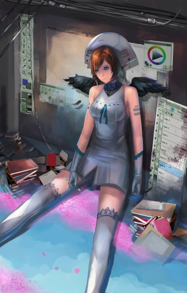 Anime picture 2085x3259 with original narongchai singhapand single tall image highres short hair blue eyes brown hair tattoo girl thighhighs gloves wings book (books) feather (feathers) wire (wires)