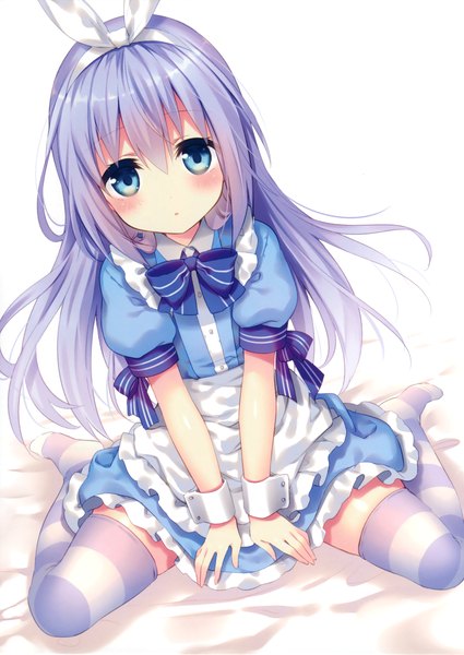 Anime picture 2340x3300 with gochuumon wa usagi desu ka? white fox kafuu chino riichu single long hair tall image looking at viewer blush highres blue eyes blue hair scan girl thighhighs dress bow hair bow striped thighhighs