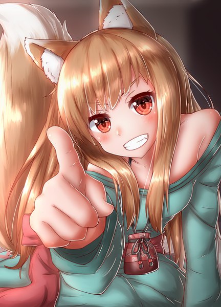 Anime picture 900x1250 with spice and wolf horo horokusa (korai) single long hair tall image looking at viewer blush breasts smile red eyes brown hair sitting bare shoulders animal ears payot indoors tail head tilt animal tail