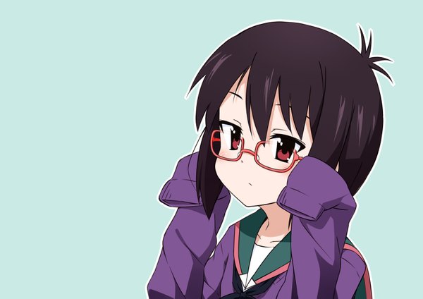 Anime picture 1518x1075 with a channel ichii tooru mousou (mousou temporary) short hair black hair simple background red eyes long sleeves girl glasses serafuku