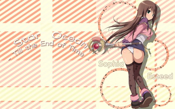 Anime picture 1920x1200 with star ocean star ocean till the end of time sophia esteed koku long hair looking at viewer blush highres light erotic brown hair wide image standing green eyes looking back from behind inscription pantyshot wallpaper girl thighhighs