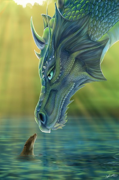Anime picture 2126x3198 with original goldenphoenix100 tall image highres green eyes profile horn (horns) sunlight fantasy animal water dragon