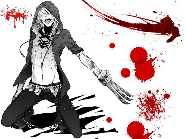 Anime picture 1024x768 with togainu no chi nitro+chiral gunji (tnc) single short hair white hair open clothes tattoo kneeling boy belt tongue hood blood chain bandage (bandages) claws