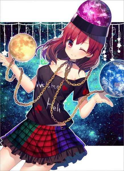 Anime-Bild 1340x1842 mit touhou hecatia lapislazuli koto seori single tall image looking at viewer blush short hair breasts smile red eyes bare shoulders cleavage red hair one eye closed wink off shoulder plaid skirt spread arms girl