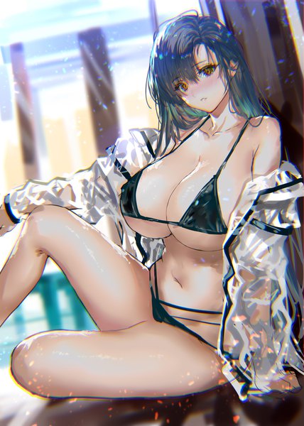 Anime picture 1141x1600 with original ranou single long hair tall image looking at viewer blush fringe breasts light erotic black hair hair between eyes sitting yellow eyes bent knee (knees) parted lips off shoulder arm support open jacket huge breasts