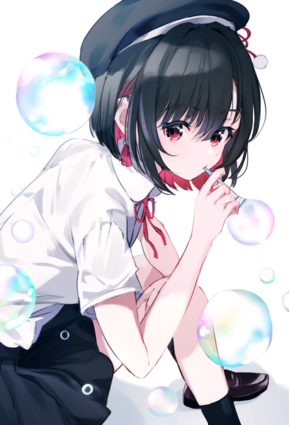 Anime picture 1109x1631 with original komatsu (komatsuu123) single tall image looking at viewer fringe short hair black hair simple background hair between eyes red eyes white background sitting red hair multicolored hair two-tone hair colored inner hair bubble blowing girl uniform