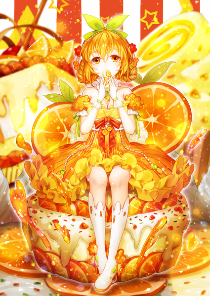 Anime picture 618x873 with original vetina single tall image looking at viewer short hair sitting orange hair orange eyes girl dress boots fruit orange (fruit)