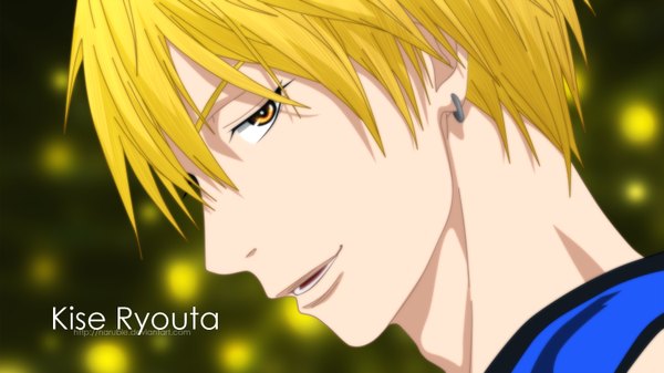 Anime picture 1500x844 with kuroko no basket production i.g kise ryouta naruble looking at viewer short hair open mouth blonde hair wide image yellow eyes profile inscription boy earrings