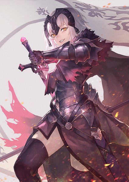Anime picture 965x1364 with fate (series) fate/grand order jeanne d'arc (fate) (all) jeanne d'arc alter (fate) botamochi single tall image looking at viewer fringe short hair breasts simple background smile standing holding silver hair ahoge parted lips grey background from below