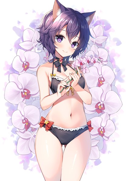 Anime picture 705x1000 with original mauve single tall image fringe short hair breasts light erotic smile hair between eyes standing purple eyes holding animal ears purple hair cat ears thigh gap ass visible through thighs floral background girl